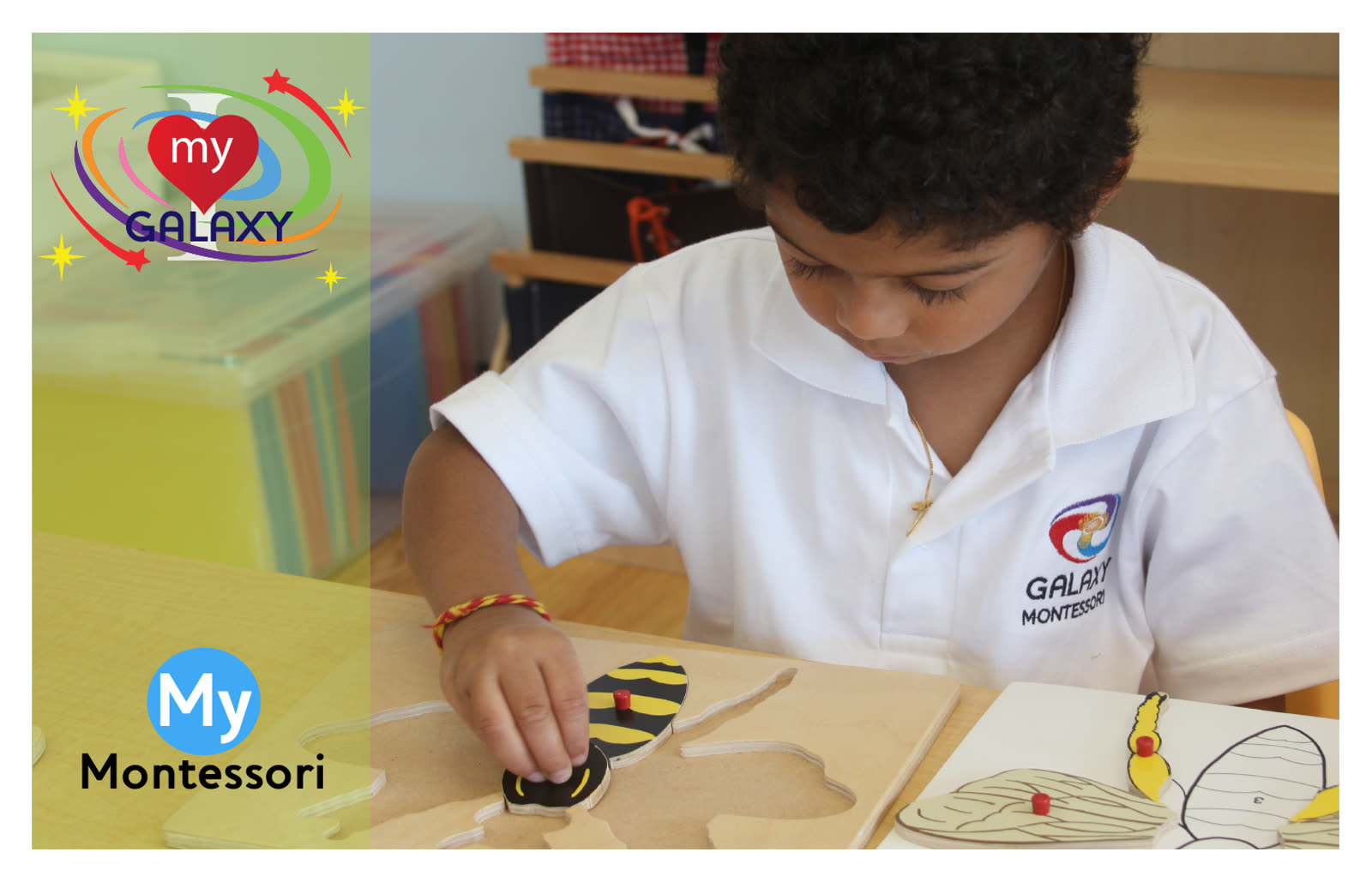 A young student placing pieces in a Montessori bee puzzle